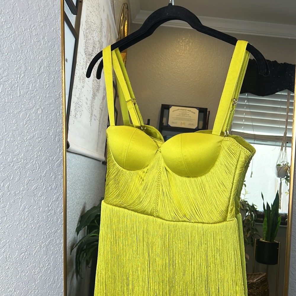 HOUSE OF CB 'Emee' Acid Yellow Satin Fringe Dress - Picture 17 of 17